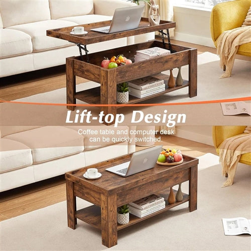 Modern Lift Top Coffee Table with Storage Shelf in Brown Wood Finish