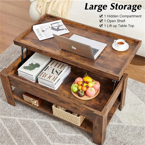 Modern Lift Top Coffee Table with Storage Shelf in Brown Wood Finish