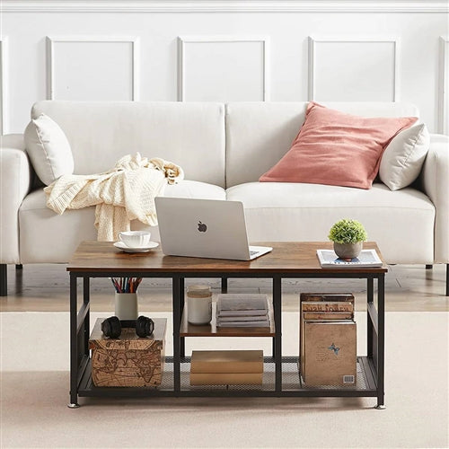 Modern Industrial Metal Wood Coffee Table with Bottom Storage Shelves