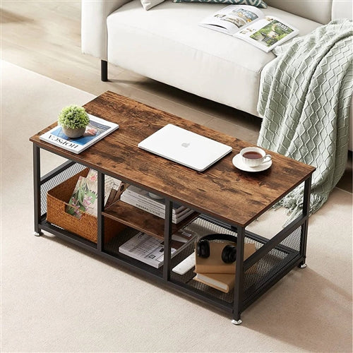 Modern Industrial Metal Wood Coffee Table with Bottom Storage Shelves