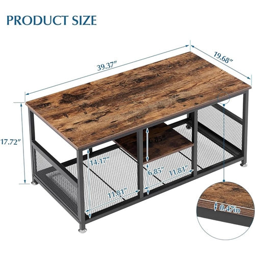 Modern Industrial Metal Wood Coffee Table with Bottom Storage Shelves