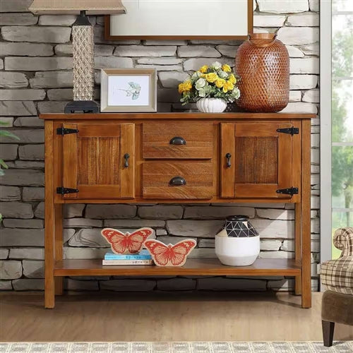 Solid Wood Farmhouse Console Table Buffet Cabinet with Storage Drawers in Brown