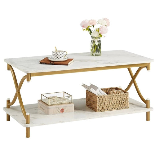 White Faux Marble Coffee Table with Gold Metal Frame and Bottom Storage Shelf