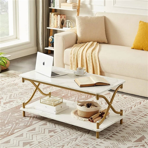 White Faux Marble Coffee Table with Gold Metal Frame and Bottom Storage Shelf