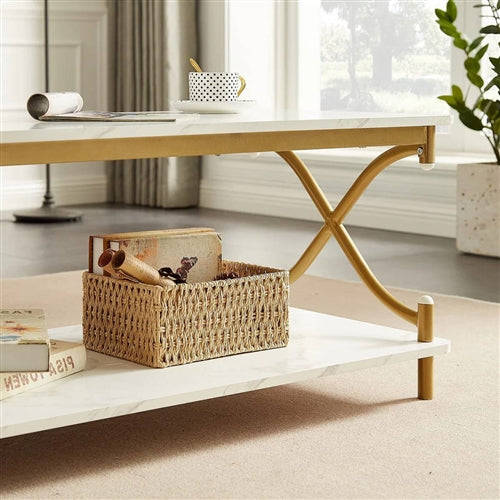 White Faux Marble Coffee Table with Gold Metal Frame and Bottom Storage Shelf