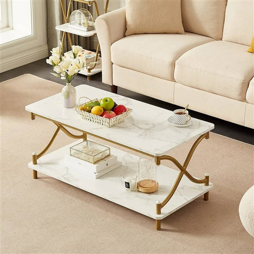 White Faux Marble Coffee Table with Gold Metal Frame and Bottom Storage Shelf