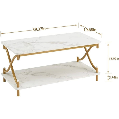 White Faux Marble Coffee Table with Gold Metal Frame and Bottom Storage Shelf