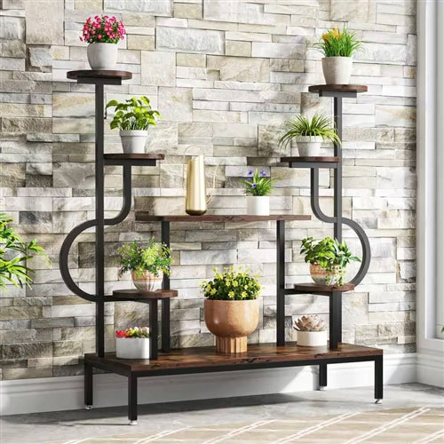 Modern Industrial Metal Wood Stepped Shelf Bookcase Plant Stand Shelving Unit