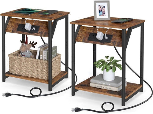 Set of 2 - Nightstand End Tables Charging Station with 2 USB ports