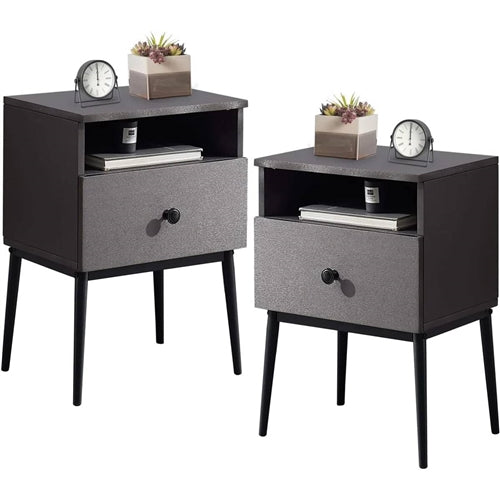 Set of 2 - Mid Century Modern Side Table Nightstand in Grey Black Wood Finish