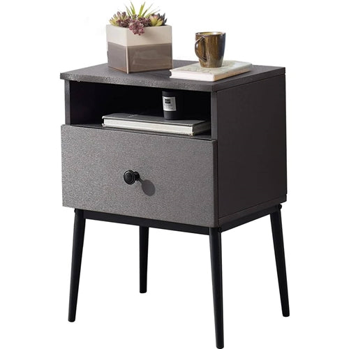 Set of 2 - Mid Century Modern Side Table Nightstand in Grey Black Wood Finish