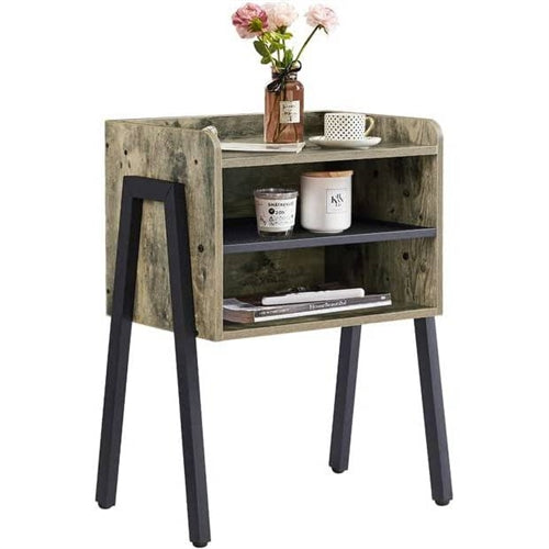 Modern Industrial Grey Wood Black Metal Side Table Nightstand End Table