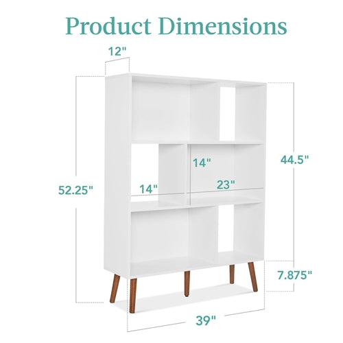 Mid Century Modern Style Bookcase Storage Shelving Unit in White Wood Finish