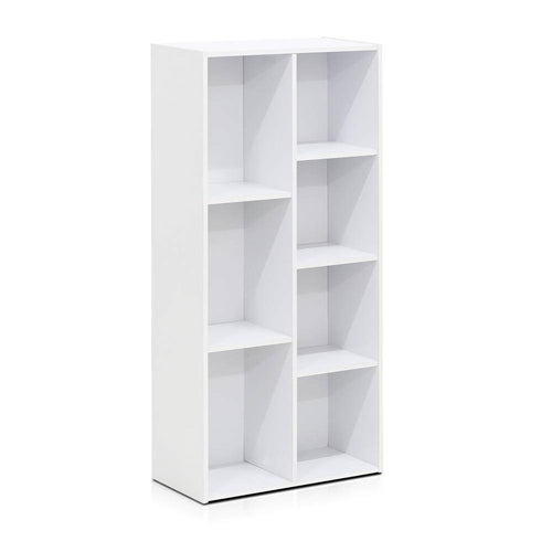 Modern 42-inch High Bookcase with 7 Open Shelves in White Wood Finish